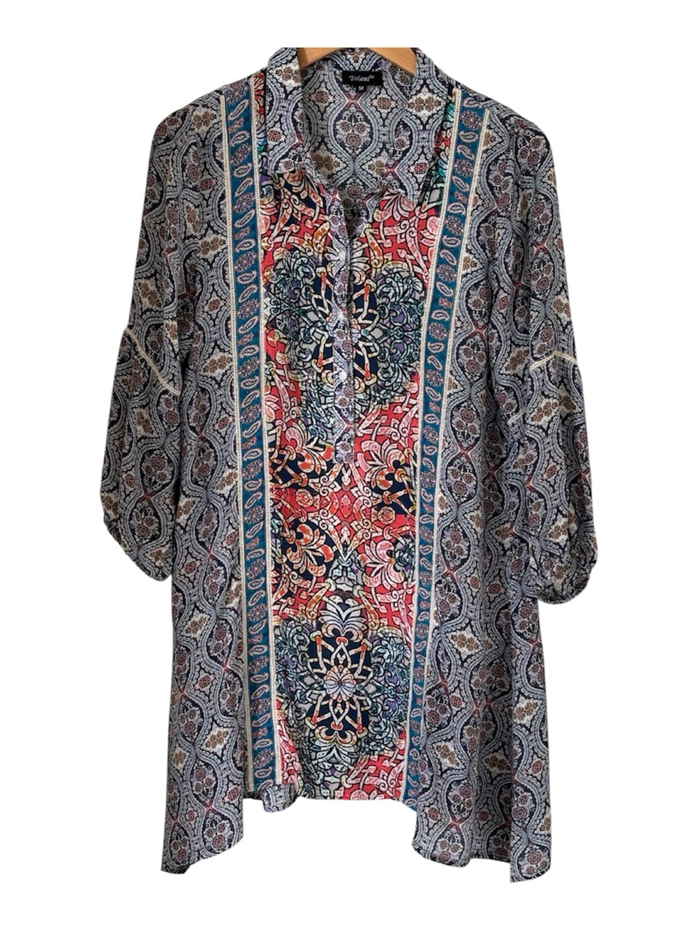 Tolani Multicolor Medallion Print Tunic Dress Three Quarter Sleeves Medium